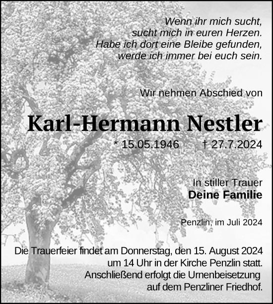 Traueranzeige von Karl-Hermann Nestler von Nordkurier Müritz-Zeitung