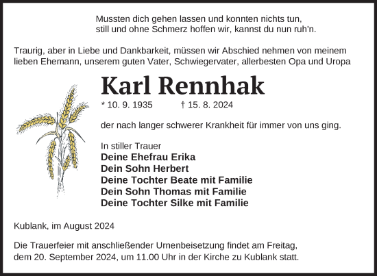 Traueranzeige von Karl Rennhak von Nordkurier Strelitzer Zeitung