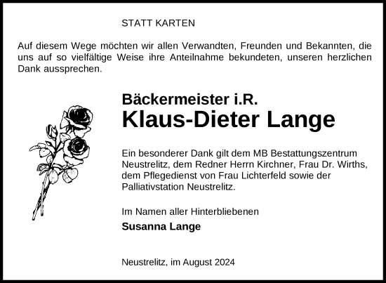 Traueranzeige von Klaus-Dieter Lange von Nordkurier Strelitzer Zeitung