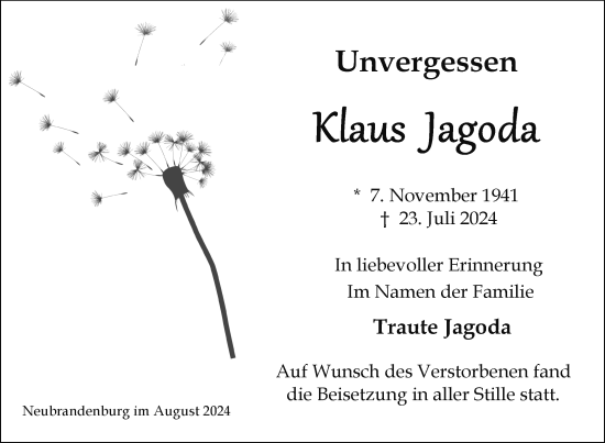 Traueranzeige von Klaus Jagoda von Nordkurier Neubrandenburger Zeitung