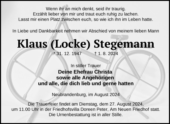 Traueranzeige von Klaus Stegemann von Nordkurier Neubrandenburger Zeitung