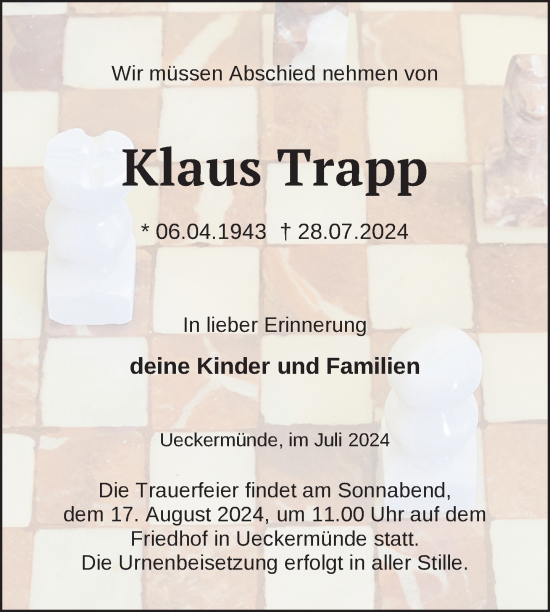 Traueranzeige von Klaus Trapp von Nordkurier Haff-Zeitung