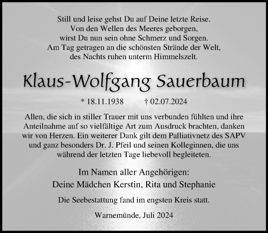 Traueranzeige von Klaus-Wolfgang Sauerbaum von Norddeutsche Neueste Nachrichten