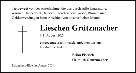 Traueranzeige von Lieschen Grützmacher von Hagenower Kreisblatt