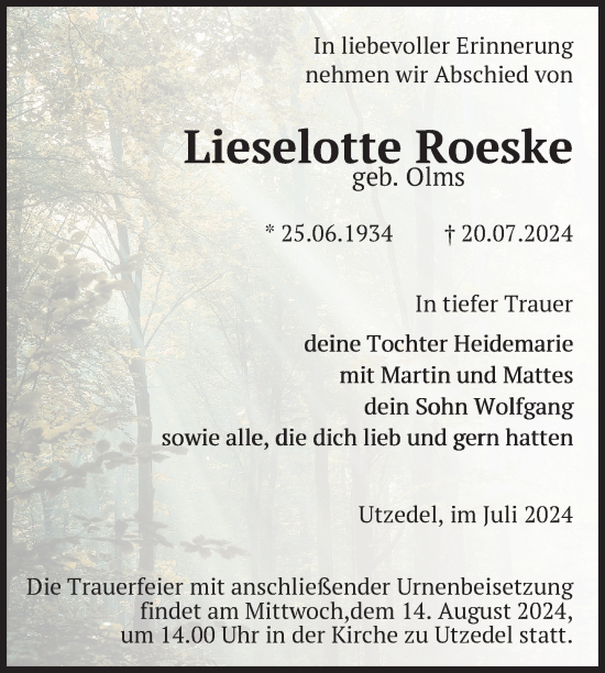 Traueranzeige von Lieselotte Roeske von Nordkurier Demminer Zeitung