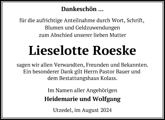 Traueranzeige von Lieselotte Roeske von Nordkurier Demminer Zeitung