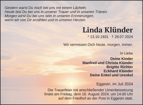 Traueranzeige von Linda Klünder von Nordkurier Haff-Zeitung