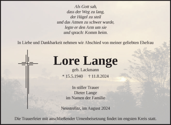 Traueranzeige von Lore Lange von Nordkurier Strelitzer Zeitung