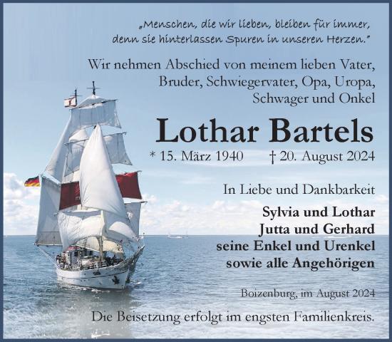 Traueranzeige von Lothar Bartels von Hagenower Kreisblatt