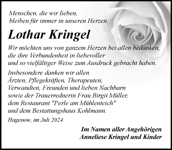 Traueranzeige von Lothar Kringel von Hagenower Kreisblatt