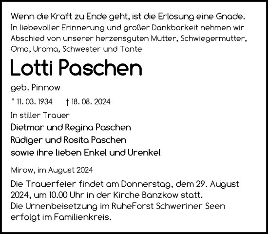 Traueranzeige von Lotti Paschen von Zeitung für die Landeshauptstadt