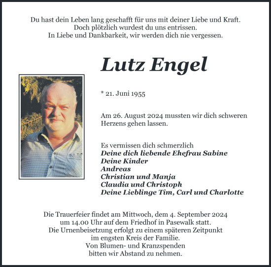 Traueranzeige von Lutz Engel von Uckermark Kurier Prenzlauer Zeitung