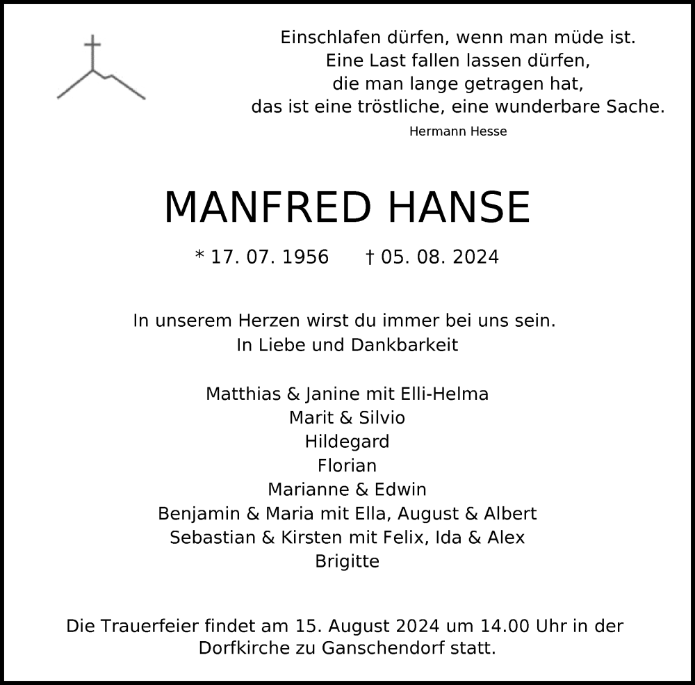  Traueranzeige für Manfred Hanse vom 10.08.2024 aus Nordkurier Vorpommern Kurier