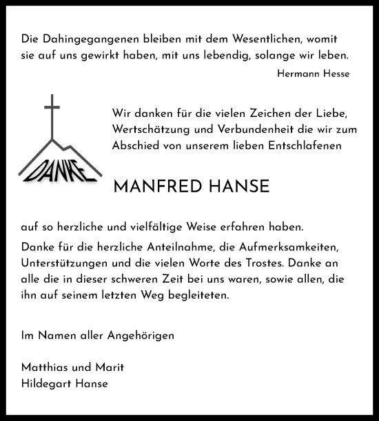 Traueranzeige von Manfred Hanse von Nordkurier Demminer Zeitung