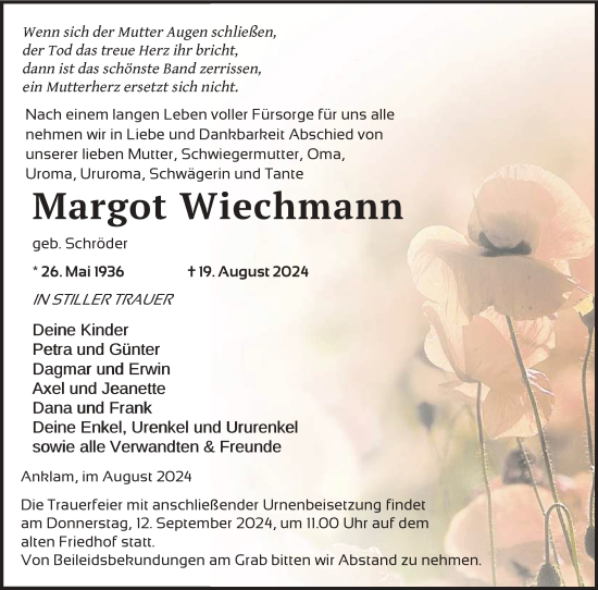 Traueranzeige von Margot Wiechmann von Nordkurier Vorpommern Kurier