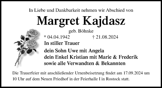 Traueranzeige von Margret Kajdasz von Norddeutsche Neueste Nachrichten