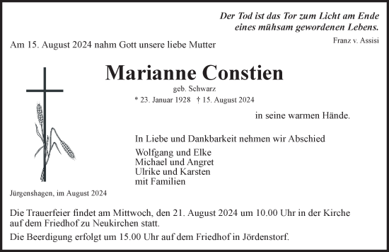 Traueranzeige von Marianne Constien von Güstrow und Bützow