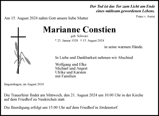 Traueranzeige von Marianne Constien von Nordkurier Mecklenburger Schweiz