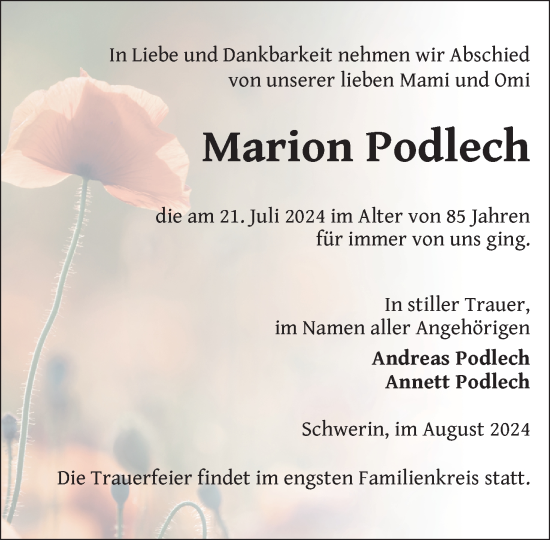 Traueranzeige von Marion Podlech von Zeitung für die Landeshauptstadt