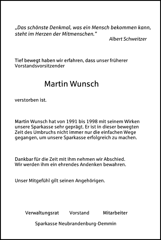 Traueranzeige von Martin Wunsch von Nordkurier Neubrandenburger Zeitung