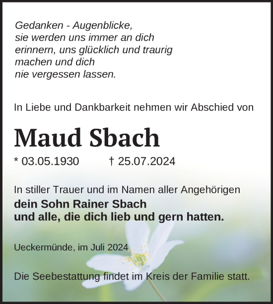 Traueranzeige von Maud Sbach von Nordkurier Haff-Zeitung