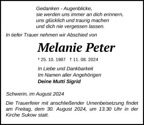 Traueranzeige von Melanie Peter von Zeitung für die Landeshauptstadt