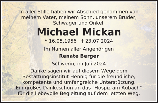 Traueranzeige von Michael Mickan von Zeitung für die Landeshauptstadt