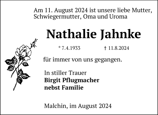 Traueranzeige von Nathalie Jahnke von Nordkurier Neubrandenburger Zeitung