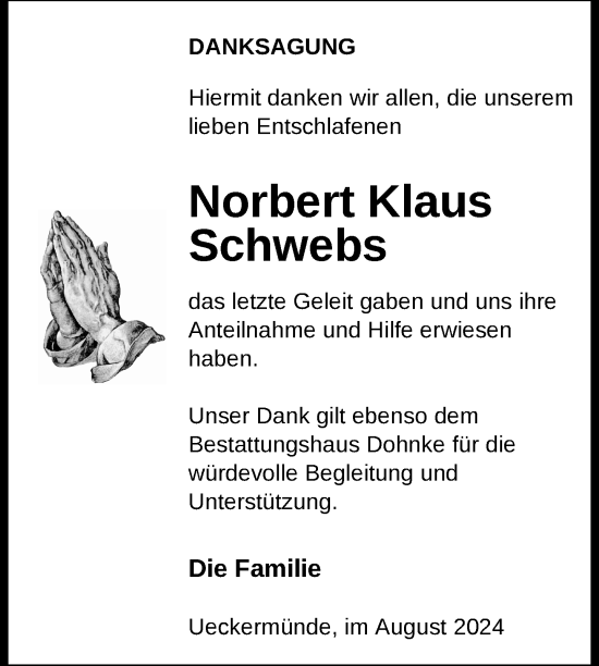 Traueranzeige von Norbert Klaus Schwebs von Nordkurier Haff-Zeitung