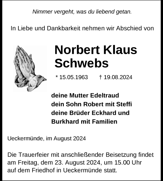 Traueranzeige von Norbert Klaus Schwebs von Nordkurier Haff-Zeitung