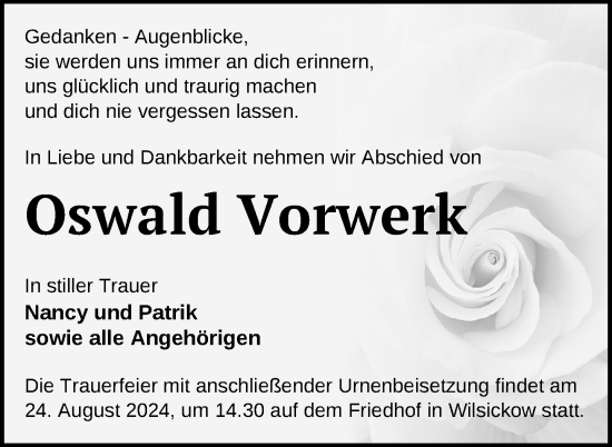 Traueranzeige von Oswald Vorwerk von Nordkurier Pasewalker Zeitung