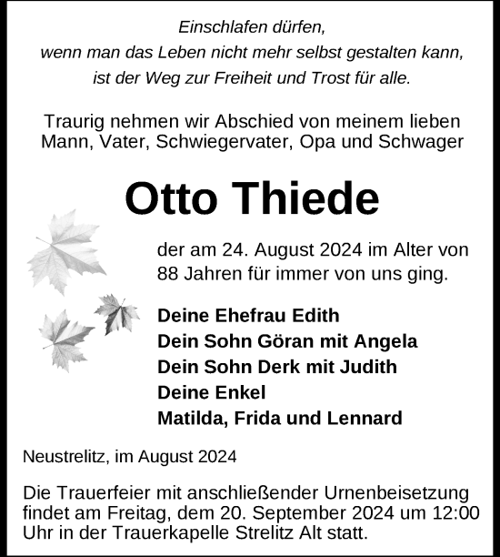 Traueranzeige von Otto Thiede von Nordkurier Strelitzer Zeitung