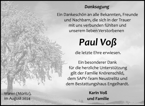 Traueranzeige von Paul Voß von Nordkurier Müritz-Zeitung