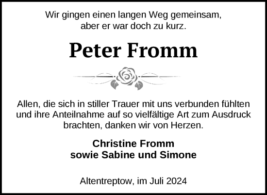 Traueranzeige von Peter Fromm von Nordkurier Neubrandenburger Zeitung