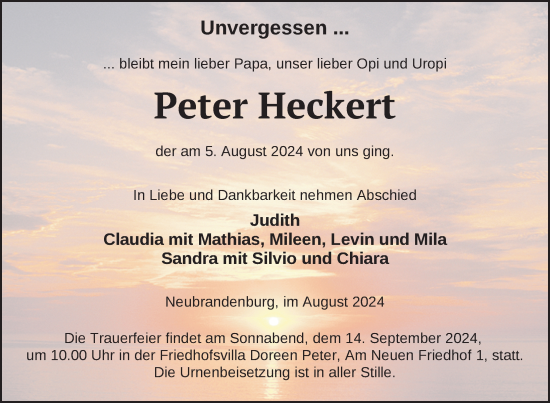 Traueranzeige von Peter Heckert von Nordkurier Neubrandenburger Zeitung