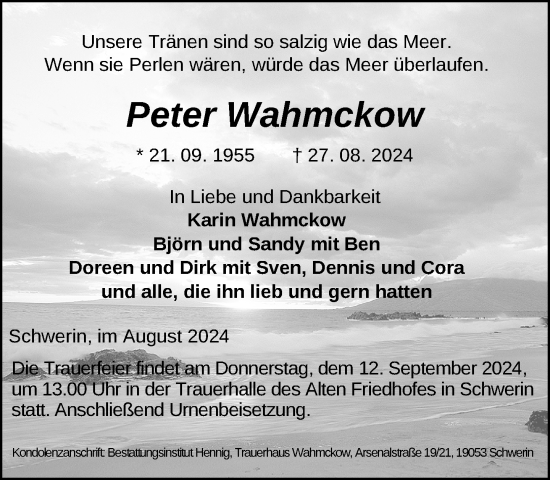 Traueranzeige von Peter Wahmckow von Zeitung für die Landeshauptstadt