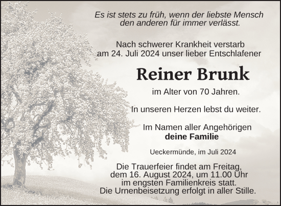 Traueranzeige von Reiner Brunk von Nordkurier Haff-Zeitung