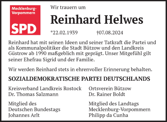 Traueranzeige von Reinhard Helwes von Nordkurier Mecklenburger Schweiz