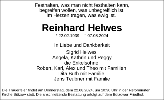 Traueranzeige von Reinhard Helwes von Güstrow und Bützow