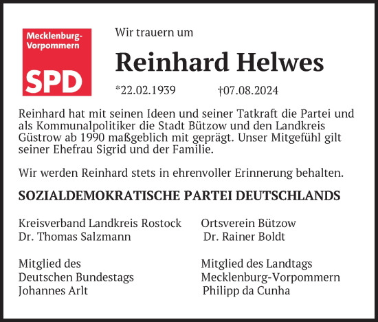 Traueranzeige von Reinhard Helwes von Güstrow und Bützow