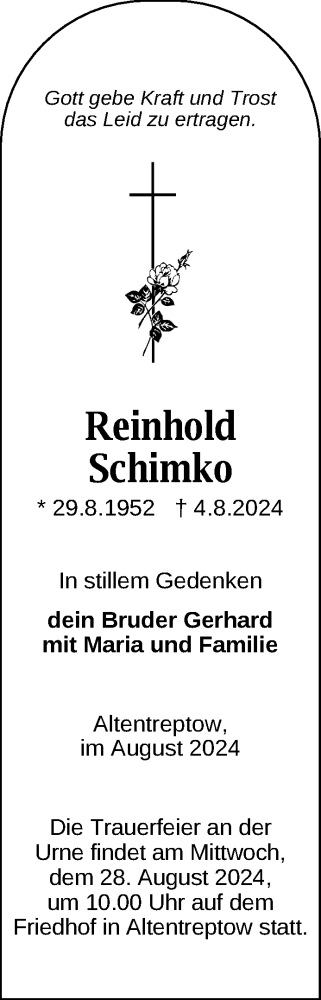 Traueranzeige von Reinhold Schimko von Nordkurier Neubrandenburger Zeitung