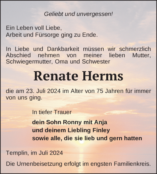 Traueranzeige von Renate Herms von Uckermark Kurier Templiner Zeitung