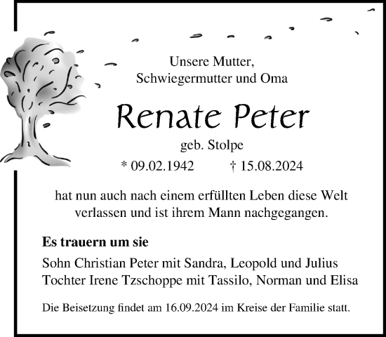 Traueranzeige von Renate Peter von Norddeutsche Neueste Nachrichten