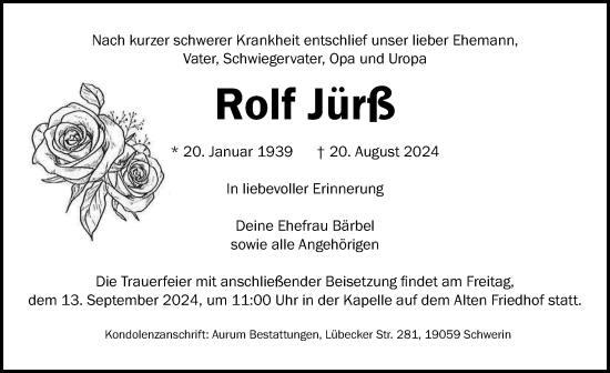 Traueranzeige von Rolf Jürß von Zeitung für die Landeshauptstadt