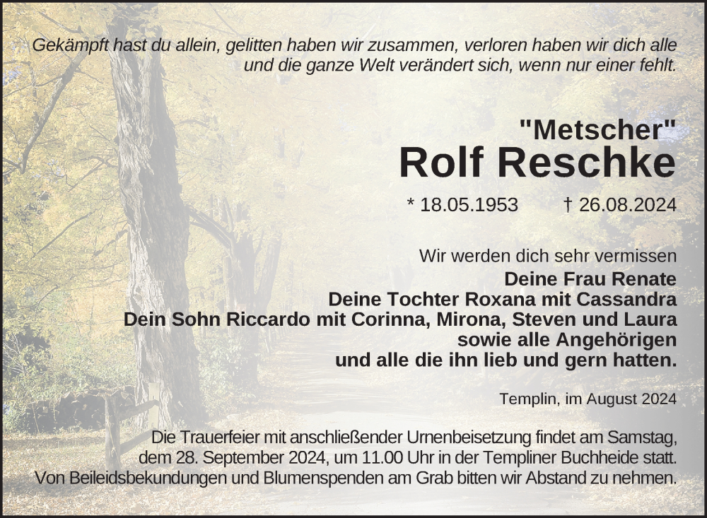  Traueranzeige für Rolf Reschke vom 31.08.2024 aus Uckermark Kurier Templiner Zeitung