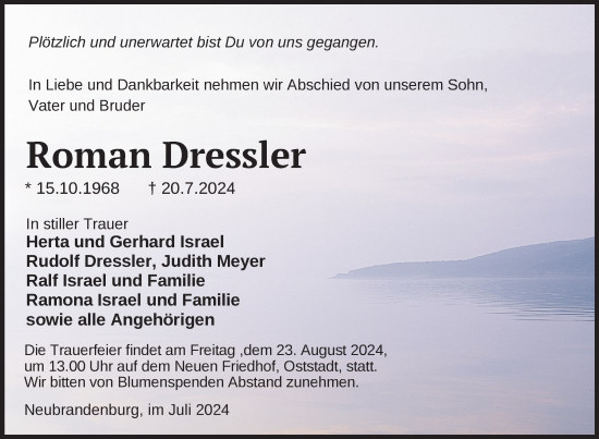 Traueranzeige von Roman Dressler von Nordkurier Neubrandenburger Zeitung