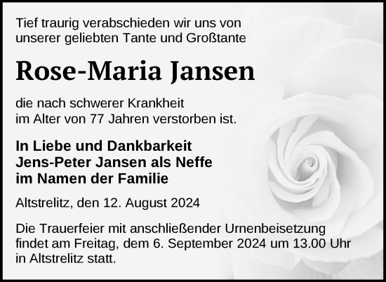 Traueranzeige von Rose-Maria Jansen von Nordkurier Strelitzer Zeitung