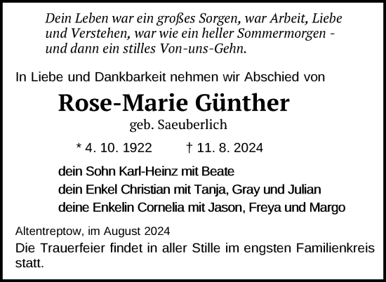 Traueranzeige von Rose-Marie Günther von Nordkurier Neubrandenburger Zeitung