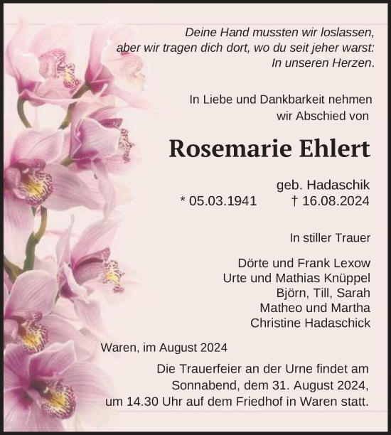 Traueranzeige von Rosemarie Ehlert von Nordkurier Müritz-Zeitung