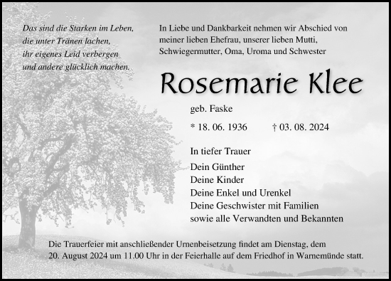 Traueranzeige von Rosemarie Klee von Norddeutsche Neueste Nachrichten